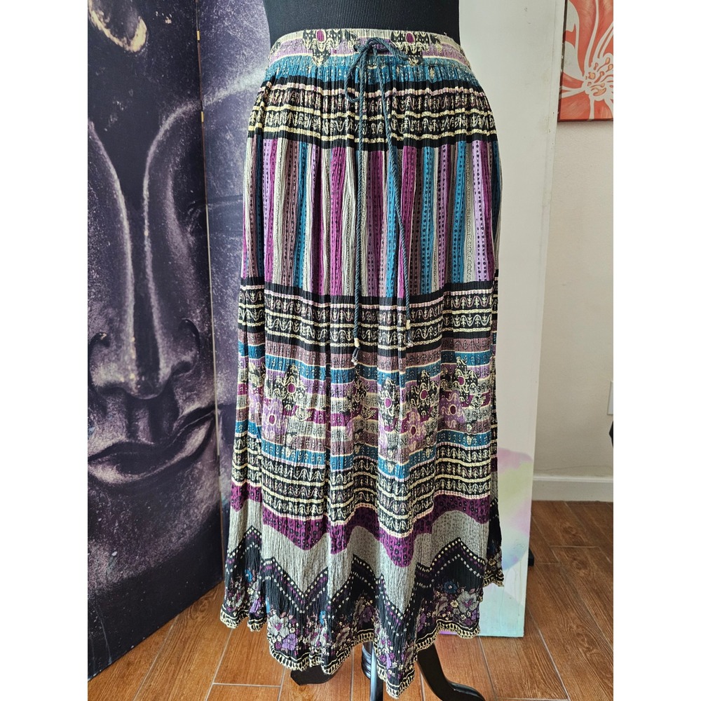 Sag Harbor Womens Medium Boho Broomstick Long Skirt Purple Teal Stripe Rayon M